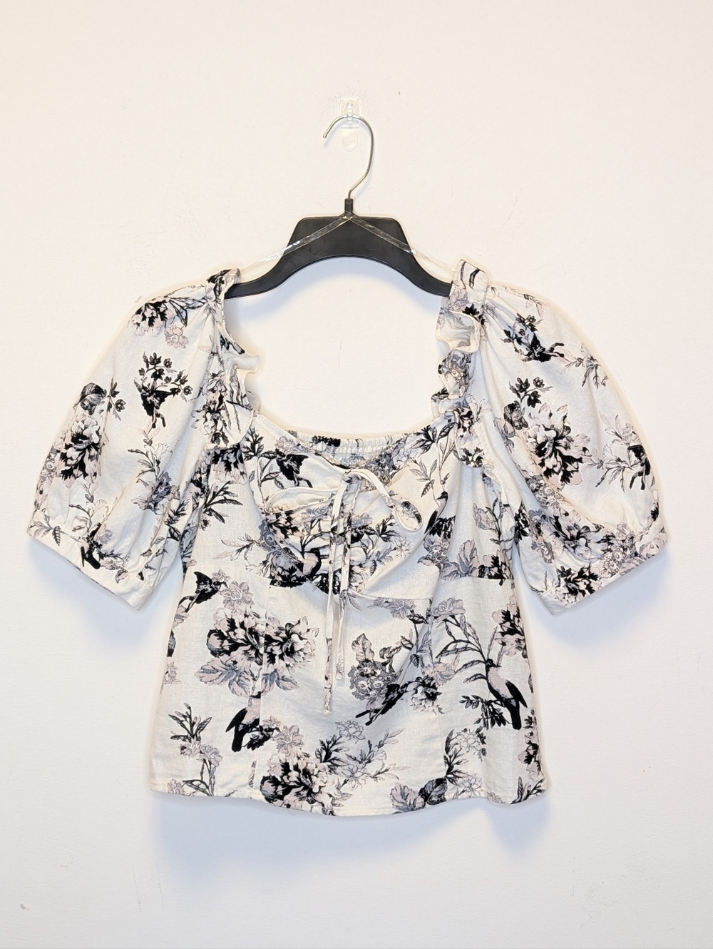 Who What Wear Linen Blend Cottagecore Puff Sleeve Peasant Tie Front Top NWOT M